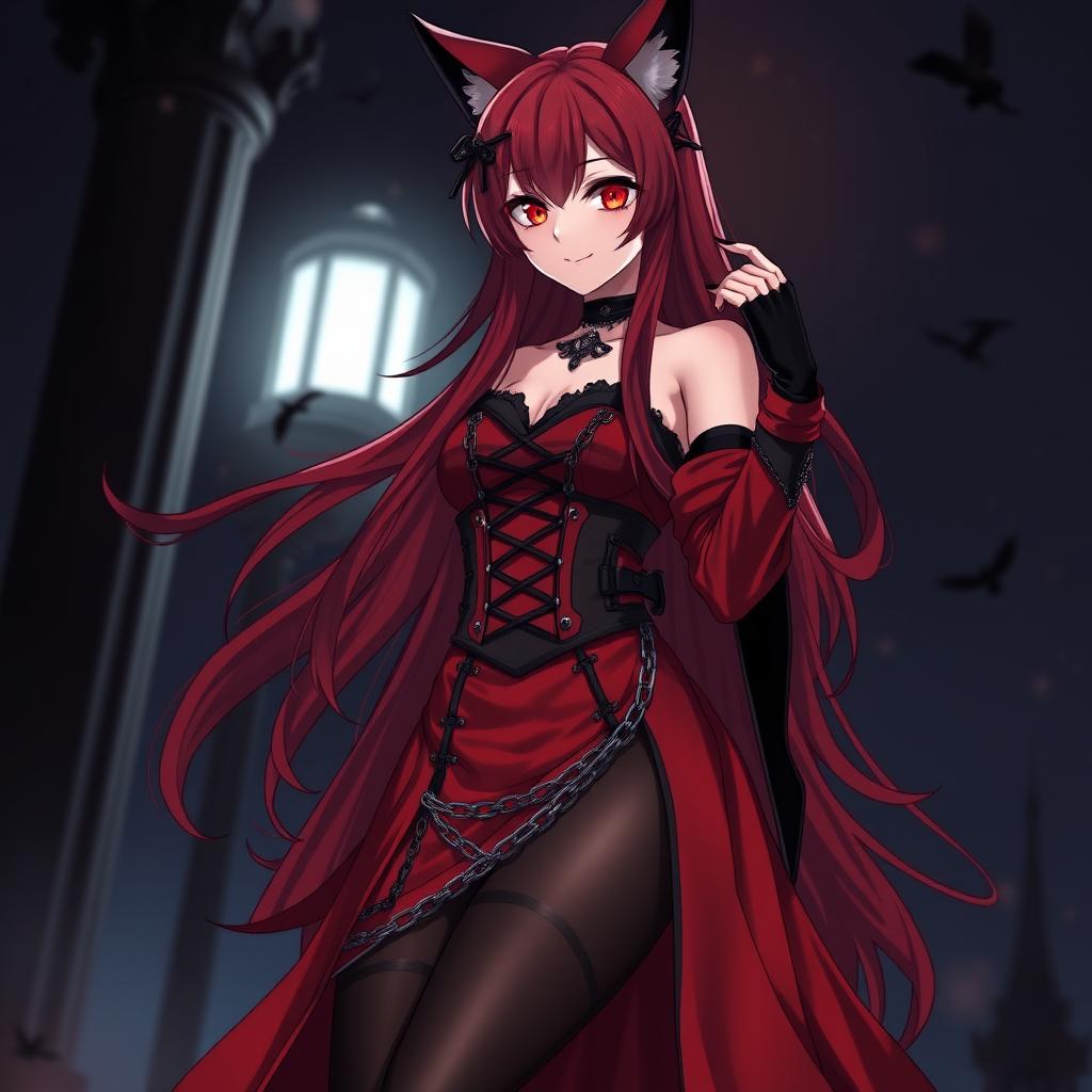 A stunning gothic anime girl Kitsune with long, sexy red hair, wearing a captivating long red and black Japanese-style dress adorned with numerous chains