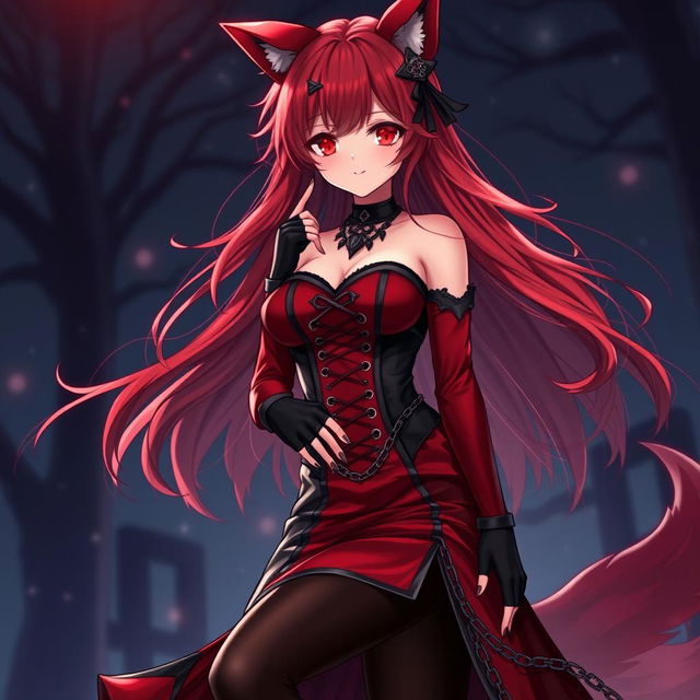 A stunning gothic anime girl Kitsune with long, sexy red hair, wearing a captivating long red and black Japanese-style dress adorned with numerous chains