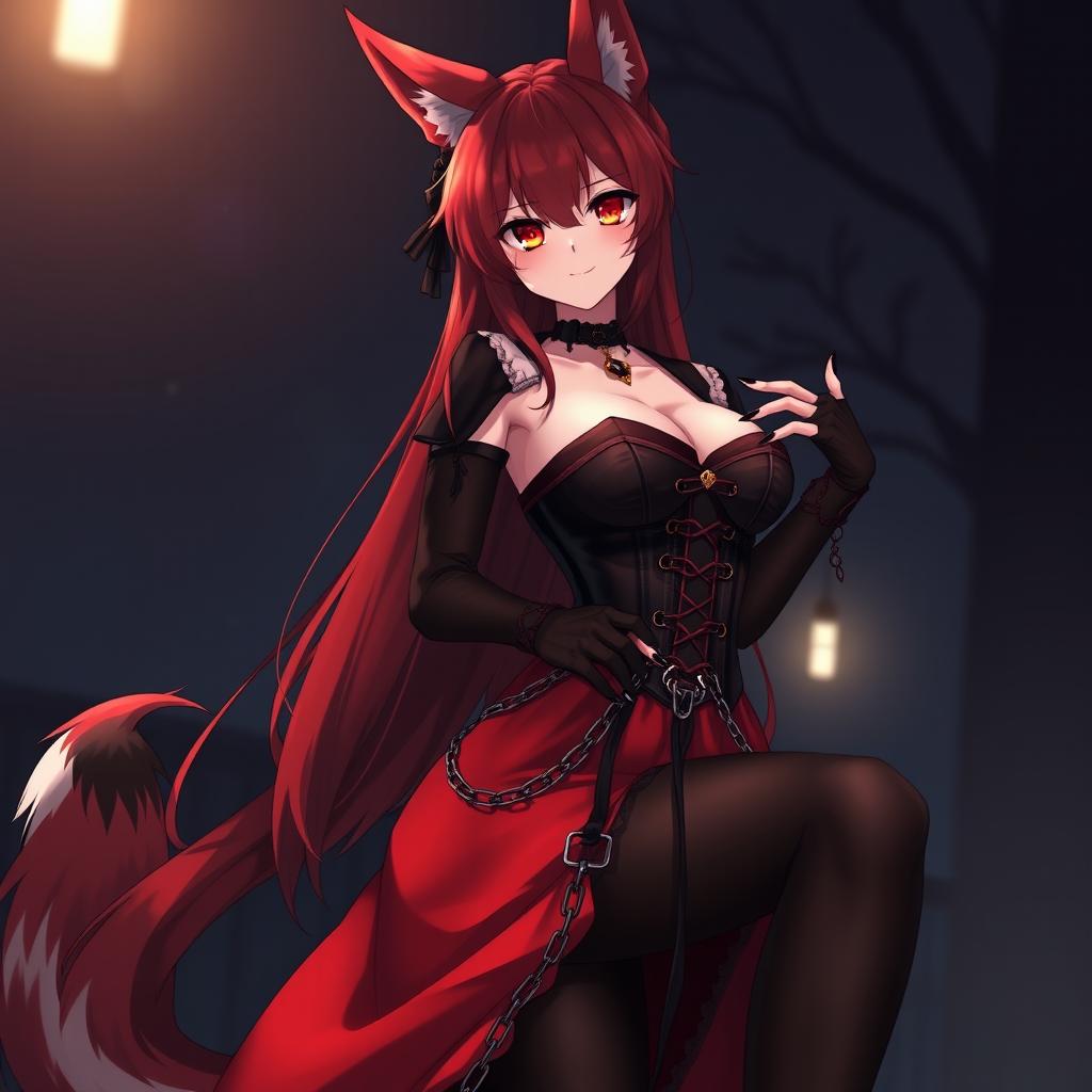 An alluring gothic anime girl Kitsune with long, sexy red hair, dressed in a long, silky red and black Japanese-style dress featuring numerous chains and long sleeves