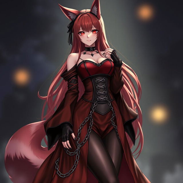 An alluring gothic anime girl Kitsune with long, sexy red hair, dressed in a long, silky red and black Japanese-style dress featuring numerous chains and long sleeves