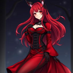 An alluring gothic anime girl Kitsune with long, sexy red hair, dressed in a long, silky red and black Japanese-style dress featuring numerous chains and long sleeves