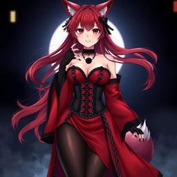 An alluring gothic anime girl Kitsune with long, sexy red hair, dressed in a long, silky red and black Japanese-style dress featuring numerous chains and long sleeves