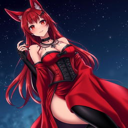 An alluring gothic anime girl Kitsune with long, sexy red hair, draped in a stunning long silky red and black Japanese-style dress featuring intricate chains and long, flowing sleeves