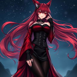 An alluring gothic anime girl Kitsune with long, sexy red hair, draped in a stunning long silky red and black Japanese-style dress featuring intricate chains and long, flowing sleeves