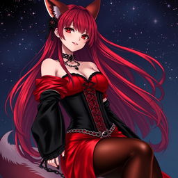 An alluring gothic anime girl Kitsune with long, sexy red hair, draped in a stunning long silky red and black Japanese-style dress featuring intricate chains and long, flowing sleeves