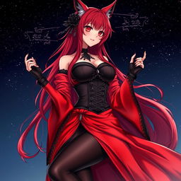 An alluring gothic anime girl Kitsune with long, sexy red hair, draped in a stunning long silky red and black Japanese-style dress featuring intricate chains and long, flowing sleeves