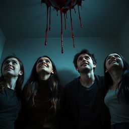 Four friends in a dimly lit room looking up at the ceiling with expressions of fear and anxiety, while one friend stands out with a small smile on their face