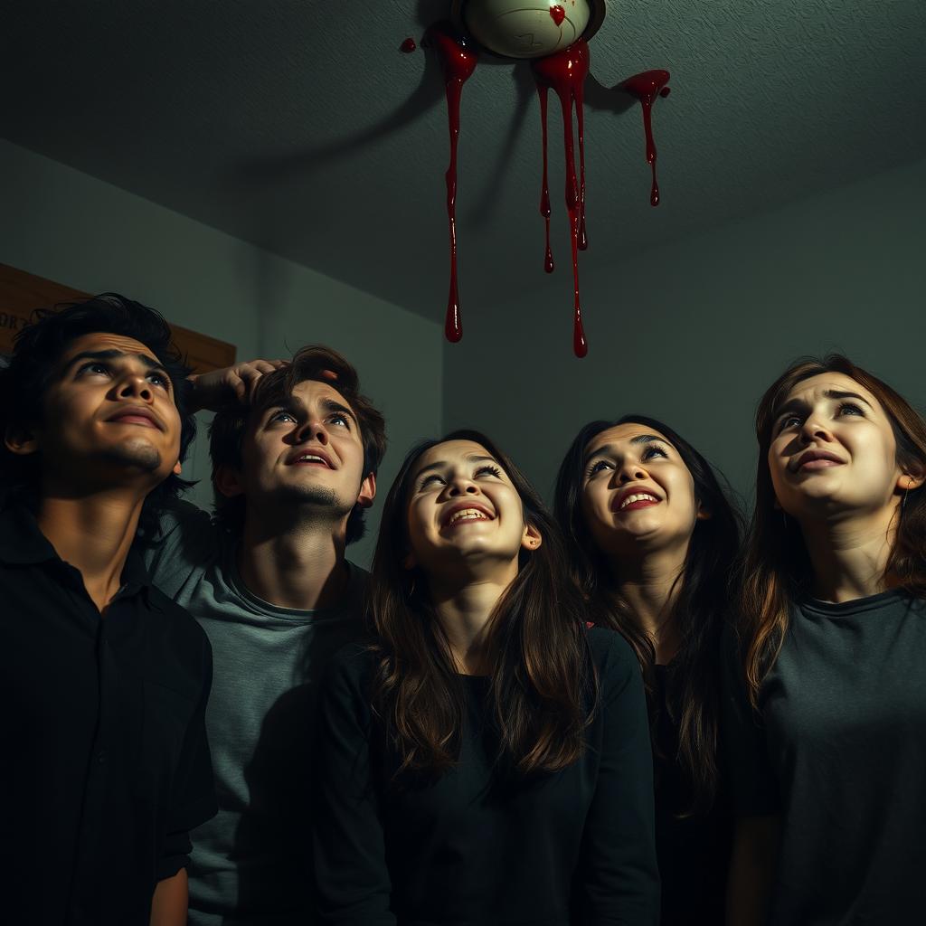 Four friends in a dimly lit room looking up at the ceiling with expressions of fear and anxiety, while one friend stands out with a small smile on their face