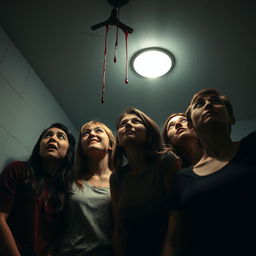 Four friends in a dimly lit room looking up at the ceiling with expressions of fear and anxiety, while one friend stands out with a small smile on their face