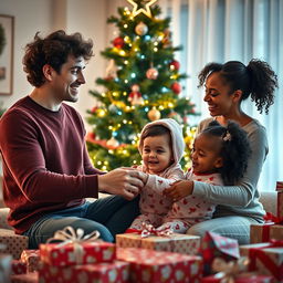 A hyper-realistic photo of a family on Christmas morning, joyfully unwrapping presents around a beautifully decorated Christmas tree