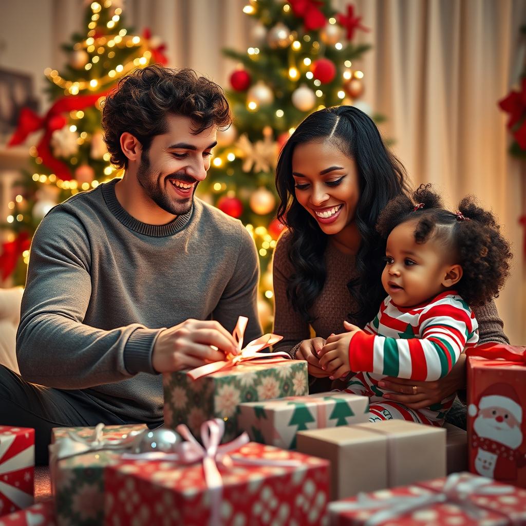 A hyper-realistic photo of a family on Christmas morning, joyfully unwrapping presents around a beautifully decorated Christmas tree