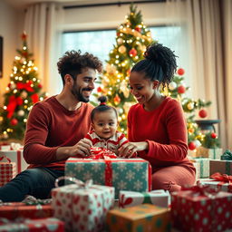 A hyper-realistic photo of a family on Christmas morning, joyfully unwrapping presents around a beautifully decorated Christmas tree