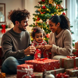 A hyper-realistic photo of a family on Christmas morning, joyfully unwrapping presents around a beautifully decorated Christmas tree