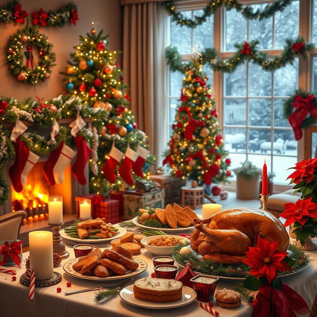 A festive Christmas scene featuring a beautifully decorated tree with twinkling lights and colorful ornaments in a cozy living room setting