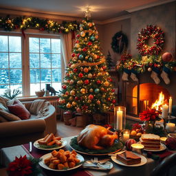 A festive Christmas scene featuring a beautifully decorated tree with twinkling lights and colorful ornaments in a cozy living room setting