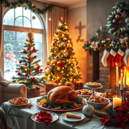 A festive Christmas scene featuring a beautifully decorated tree with twinkling lights and colorful ornaments in a cozy living room setting