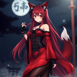 An enchanting gothic anime girl Kitsune with long, sexy red hair that cascades down to her lower back, wearing a luxurious silky red and black Japanese-style dress embellished with many chains