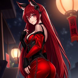 An enchanting gothic anime girl Kitsune with long, sexy red hair that cascades down to her lower back, wearing a luxurious silky red and black Japanese-style dress embellished with many chains