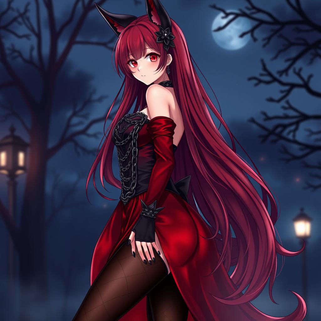 An enchanting gothic anime girl Kitsune with long, sexy red hair that cascades down to her lower back, wearing a luxurious silky red and black Japanese-style dress embellished with many chains