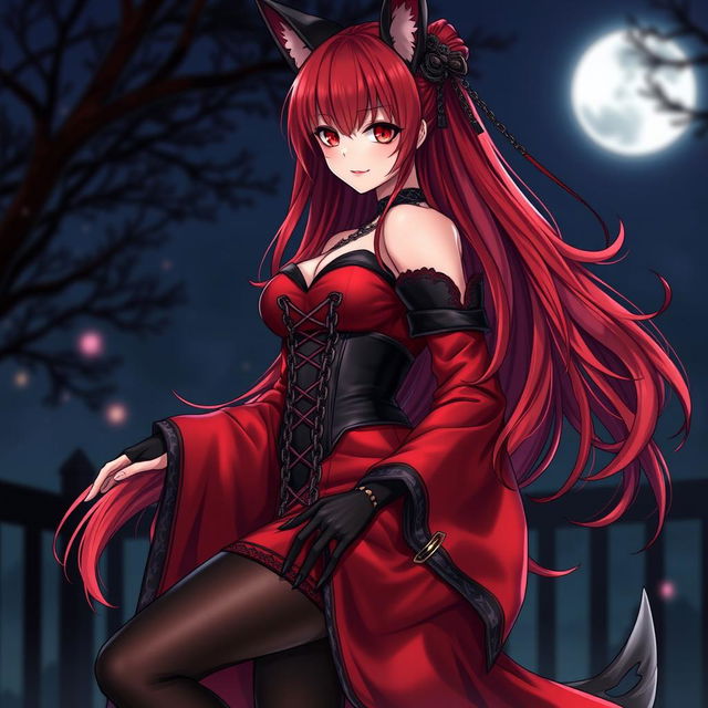 An enchanting gothic anime girl Kitsune with long, sexy red hair that cascades down to her lower back, wearing a luxurious silky red and black Japanese-style dress embellished with many chains