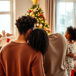 A serene scene depicting a family on Christmas morning from an observational perspective, as if viewed from across the room