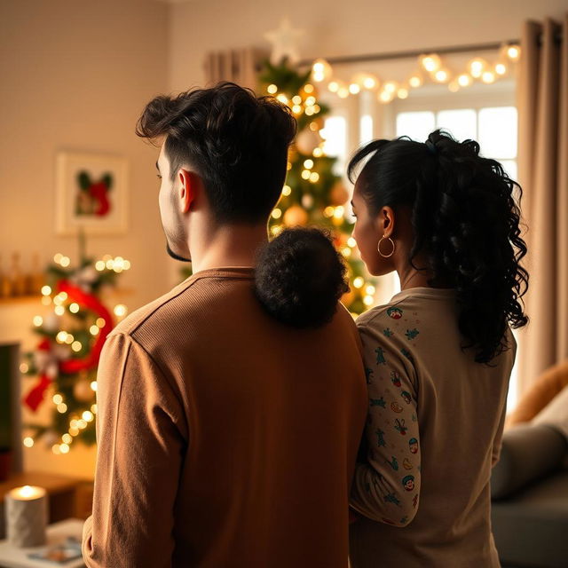 A serene scene depicting a family on Christmas morning from an observational perspective, as if viewed from across the room