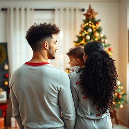 A serene scene depicting a family on Christmas morning from an observational perspective, as if viewed from across the room