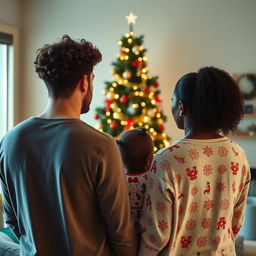 A serene scene depicting a family on Christmas morning from an observational perspective, as if viewed from across the room