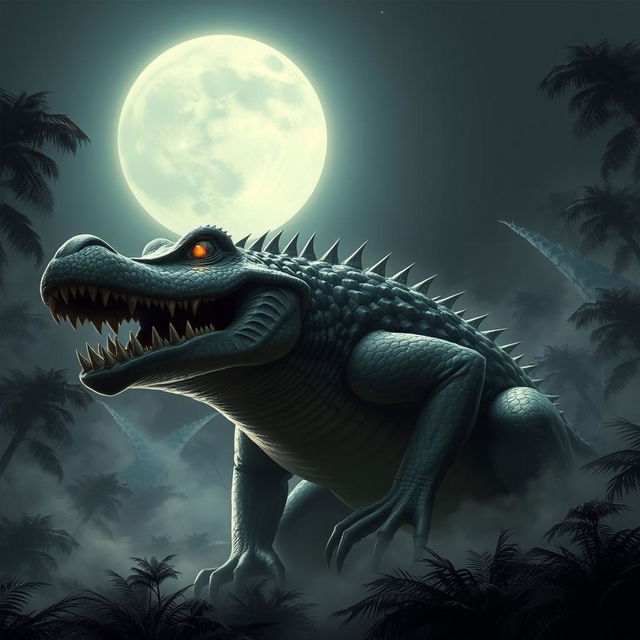 A massive crocodile demon, towering and intimidating, with sleek scales glistening under a full moon