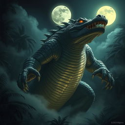 A massive crocodile demon, towering and intimidating, with sleek scales glistening under a full moon