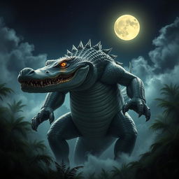 A massive crocodile demon, towering and intimidating, with sleek scales glistening under a full moon