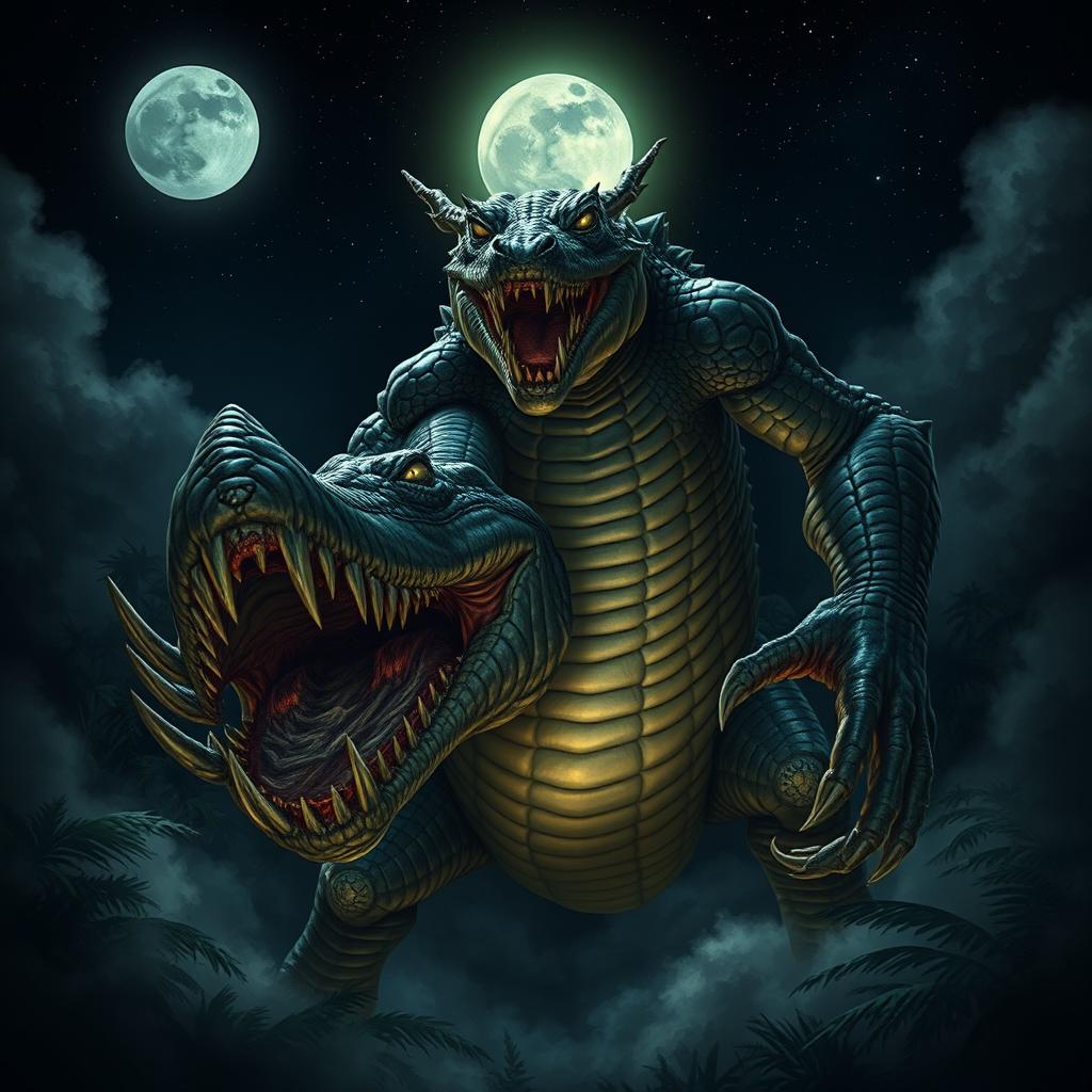 A massive crocodile demon, towering and intimidating, with sleek scales glistening under a full moon