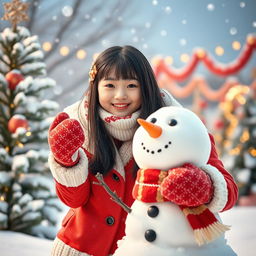 A beautiful Korean girl joyfully building a snowman in a winter wonderland setting