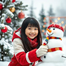 A beautiful Korean girl joyfully building a snowman in a winter wonderland setting