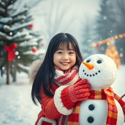 A beautiful Korean girl joyfully building a snowman in a winter wonderland setting