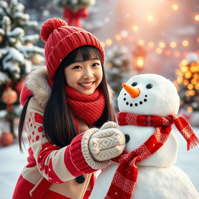 A beautiful Korean girl joyfully building a snowman in a winter wonderland setting