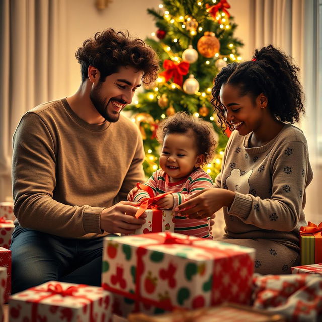 A hyper-realistic photo of a family on Christmas morning, joyfully unwrapping presents around a beautifully decorated Christmas tree