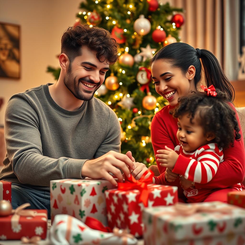 A hyper-realistic photo of a family on Christmas morning, joyfully unwrapping presents around a beautifully decorated Christmas tree