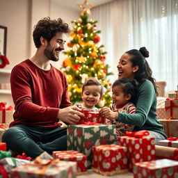 A hyper-realistic photo of a family on Christmas morning, joyfully unwrapping presents around a beautifully decorated Christmas tree