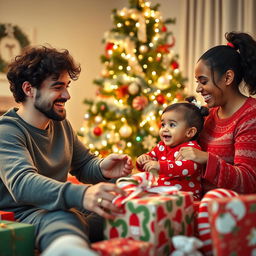 A hyper-realistic photo of a family on Christmas morning, joyfully unwrapping presents around a beautifully decorated Christmas tree