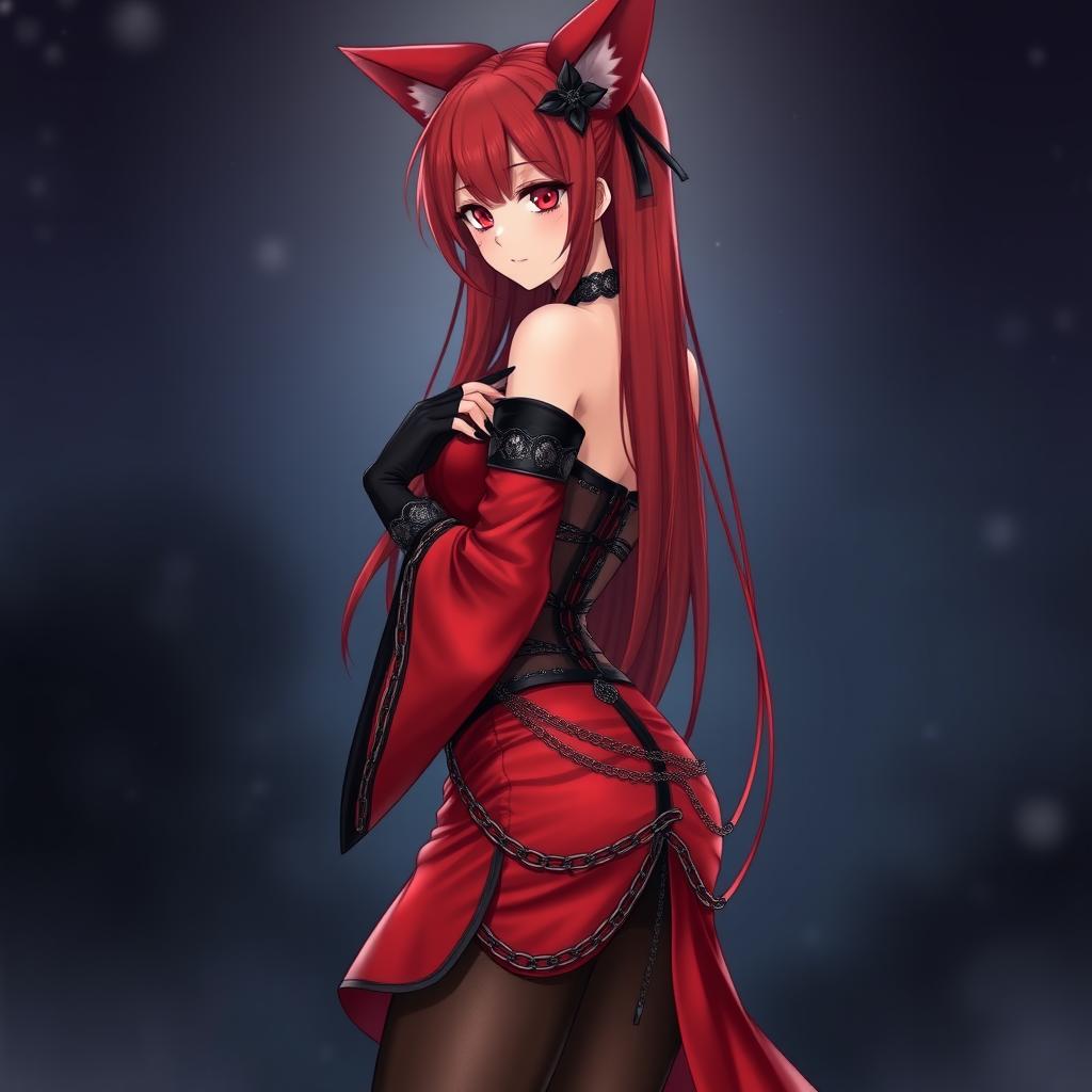 A captivating gothic anime girl Kitsune with long, sexy red hair that flows down to her lower back, adorned in a luxurious, silky red and black Japanese-style dress intricately designed with numerous chains and elegant long sleeves