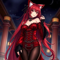 A captivating gothic anime girl Kitsune with long, sexy red hair that flows down to her lower back, adorned in a luxurious, silky red and black Japanese-style dress intricately designed with numerous chains and elegant long sleeves