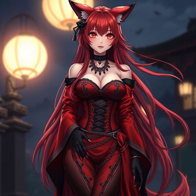 A captivating gothic anime girl Kitsune with long, sexy red hair that flows down to her lower back, adorned in a luxurious, silky red and black Japanese-style dress intricately designed with numerous chains and elegant long sleeves