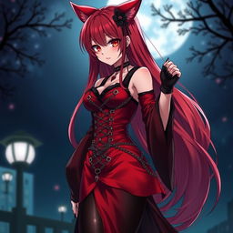 A captivating gothic anime girl Kitsune with long, sexy red hair that flows down to her lower back, adorned in a luxurious, silky red and black Japanese-style dress intricately designed with numerous chains and elegant long sleeves