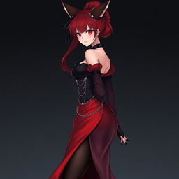 A captivating gothic anime girl Kitsune with long, sexy red hair styled in a bun just above her lower back, wearing a stunning long silky red and black Japanese-style dress adorned with numerous chains