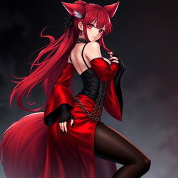 A captivating gothic anime girl Kitsune with long, sexy red hair styled in a bun just above her lower back, wearing a stunning long silky red and black Japanese-style dress adorned with numerous chains