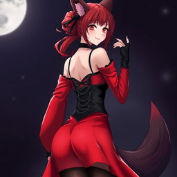 A captivating gothic anime girl Kitsune with long, sexy red hair styled in a bun just above her lower back, wearing a stunning long silky red and black Japanese-style dress adorned with numerous chains