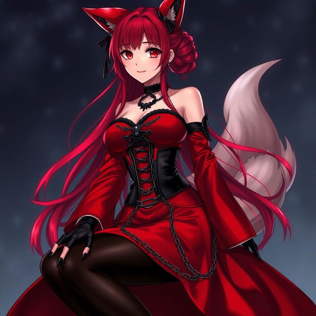 A captivating gothic anime girl Kitsune with long, sexy red hair styled in a bun just above her lower back, wearing a stunning long silky red and black Japanese-style dress adorned with numerous chains