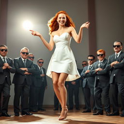 A tall redhead woman dancing elegantly in a short white dress, showcasing her height and style