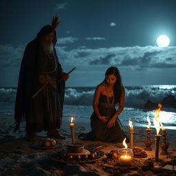 A dark ritual by the seaside under a moonlit sky, featuring a powerful shaman draped in traditional Javanese robes, standing solemnly with ritualistic tools in his hands